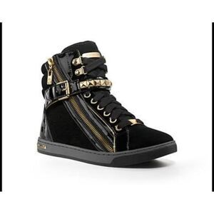 Michael kors glam studded black suede gold pyramid stud hightop sneakers 10/41